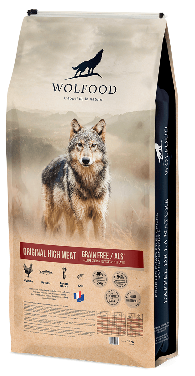 Sac de croquettes pour chien de 12kg Wolfood Original High Meat