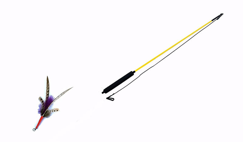 Canne à pêche pour chat jaune et noir et son jouet à plumes interchangeable