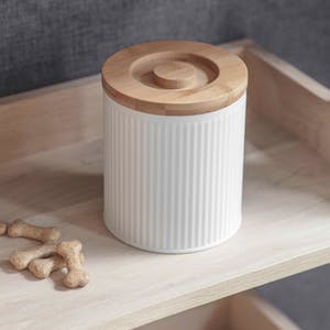 Boîte à friandises pour chien en métal blanc et bois