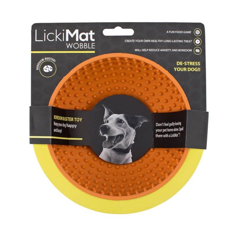 Bol anti stress pour chien Lickimat Wobble orange dans son emballage