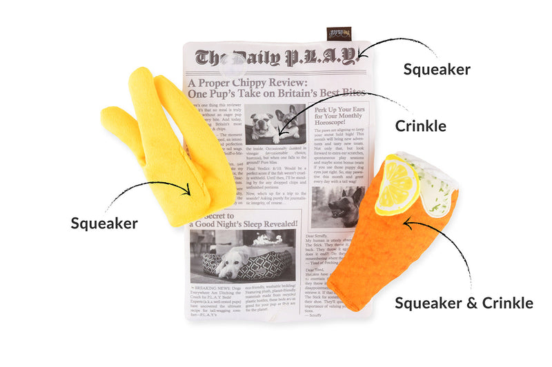 P.L.A.Y. – Jouet pour chien Chippy Chews, Fish & Chips interactif
