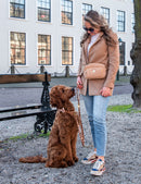 Personne portant la pochette à l'épaule en balade avec un labradoodle marron