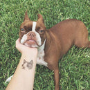 Personne portant un tatouage temporaire bouledogue sur le bras