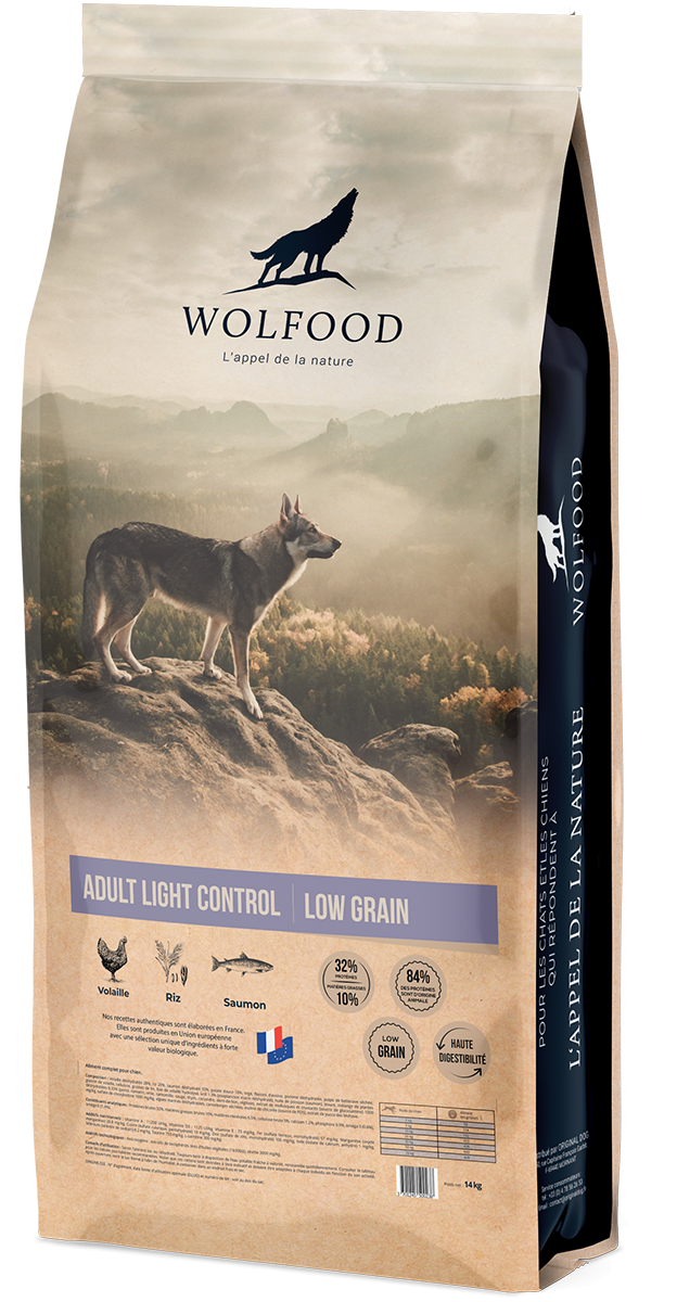 Paquet de croquettes pour chien Wolfood sans céréales Adult Light Control