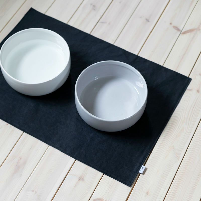 Deux bols en porcelaine sur un set de table pour chien noir