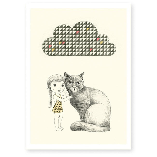 Affiche décorative A4 chat nuage fillette - Hariet et Rosie