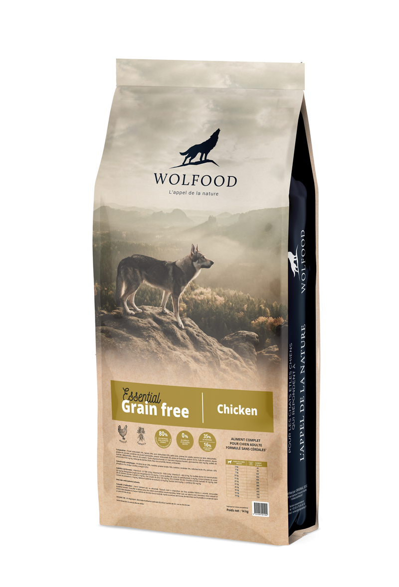 Paquet de croquettes pour chien Wolfood Essential sans céréales au poulet