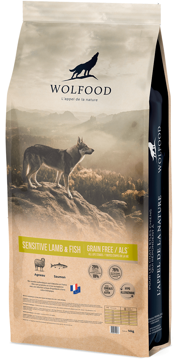 Sac de croquettes pour chien Wolfood Sensitive agneau et poisson sans céréales